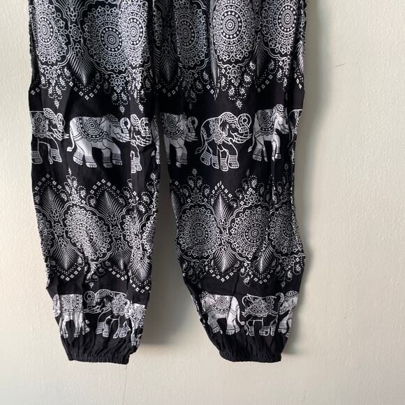 Bamboo House Black & White Drawstring Elephant & Paisley Print Harem Pants - Picture 6 of 10